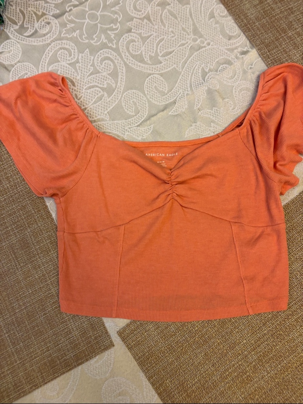 American Eagle Outfitters Rust Orange Ribbed Puff Sleeve Crop Top - Scoop Neck